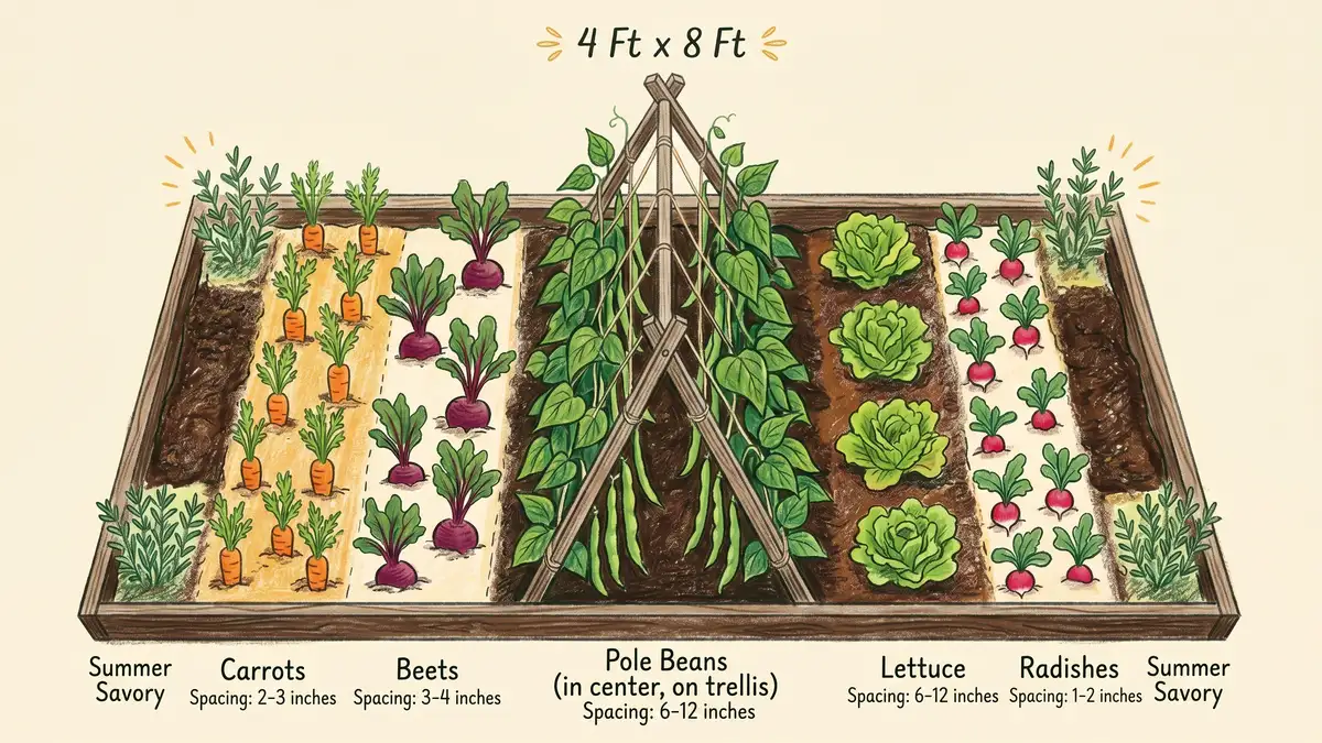 Pencil-crayon infographic showing companion planting beans bed layout with spacing measurements and companion pairs