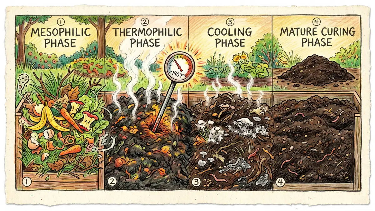 Pencil-crayon illustration showing the four phases of composting from fresh mesophilic materials through thermophilic heating to cooling and mature dark humus
