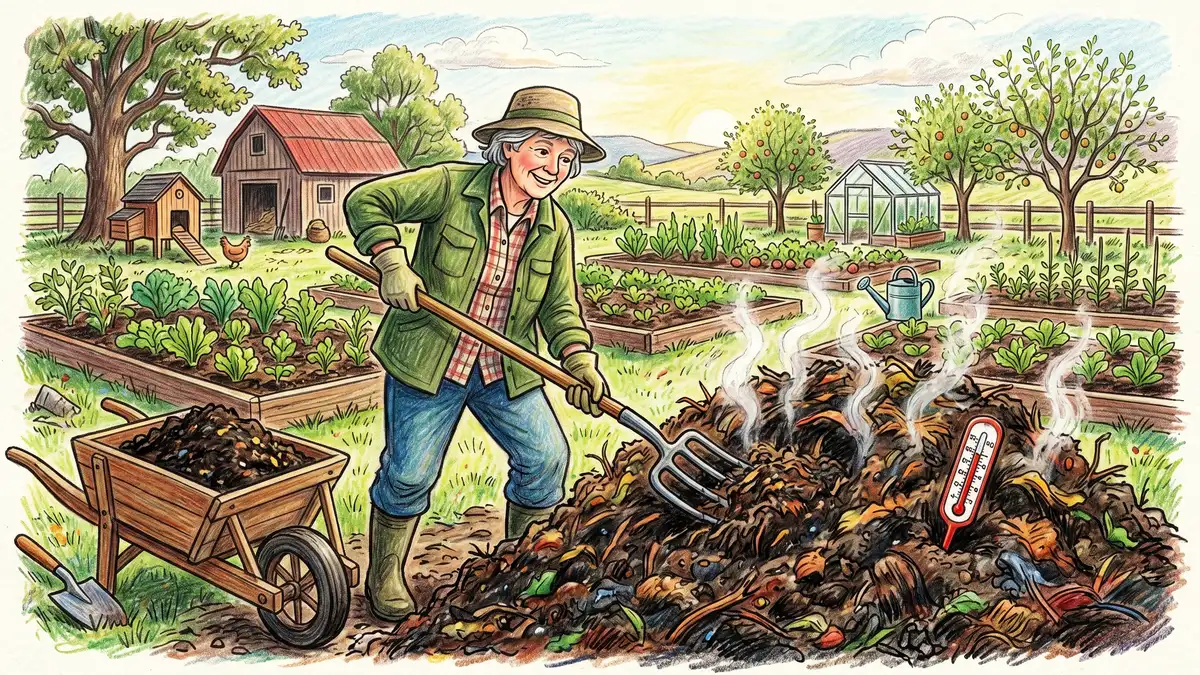 Pencil-crayon illustration of a homestead gardener turning a compost pile with a pitchfork showing steam rising from the dark material