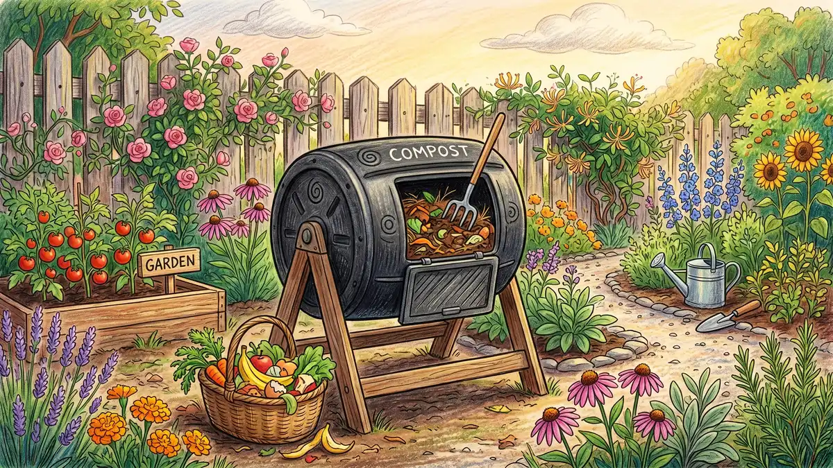Pencil-crayon illustration of a compost tumbler in a backyard garden with decomposing materials visible inside the open drum