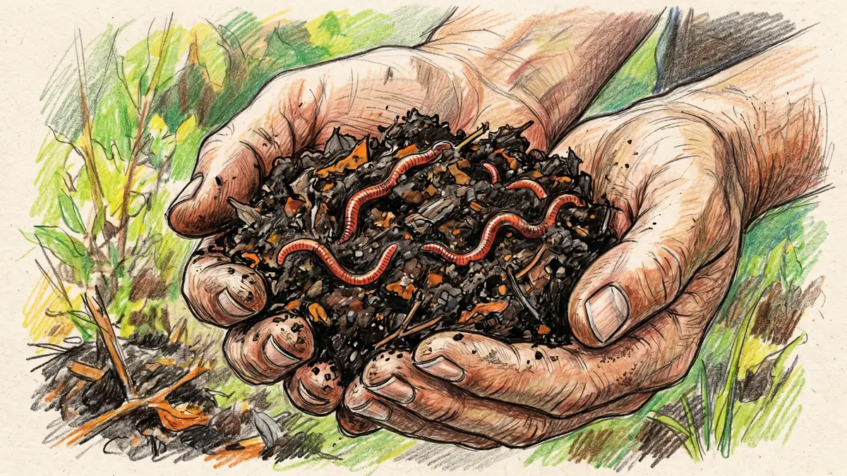 Pencil-crayon close-up illustration of hands holding dark finished compost with red wiggler earthworms visible in the crumbly humus