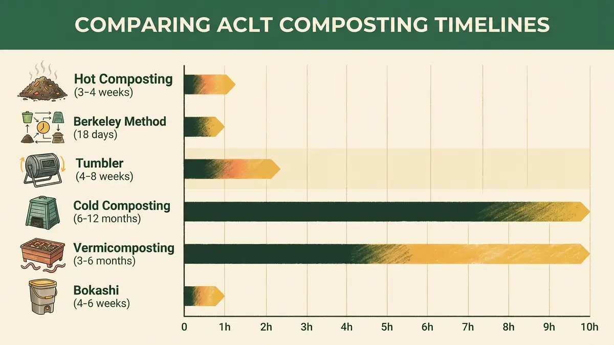 Pencil-crayon infographic comparing six composting method timelines from 18-day Berkeley method to 12-month cold composting with earth green and gold colour scheme