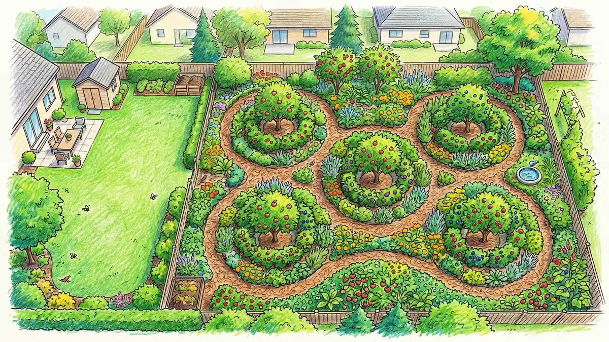 Pencil-crayon aerial view of a suburban backyard food forest layout showing fruit trees, berry shrubs, and ground cover plants arranged in layered zones