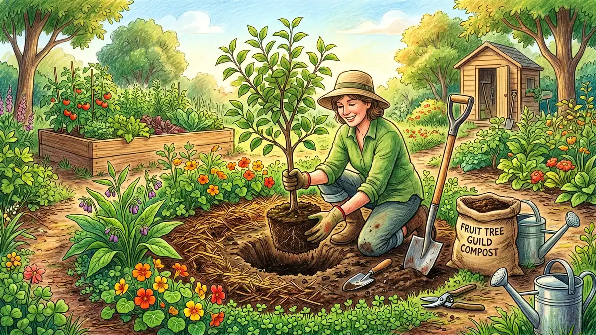 Pencil-crayon illustration of a planting guild circle showing a central dwarf fruit tree surrounded by rings of companion plants including comfrey, berries, and ground cover