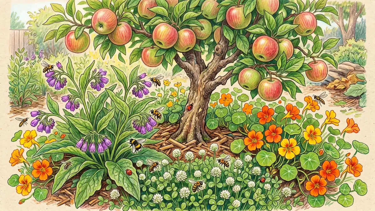 Pencil-crayon illustration of a dwarf apple tree guild with comfrey, nasturtium, and clover growing beneath in concentric circles