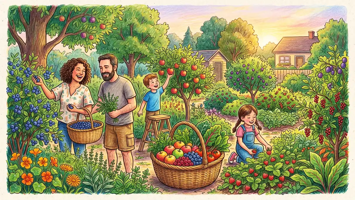 Pencil-crayon illustration of a family harvesting apples and berries from a mature suburban backyard food forest in warm autumn tones