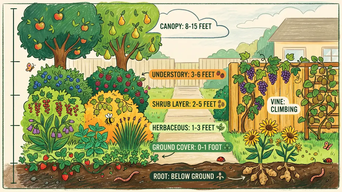 Pencil-crayon infographic showing the seven layers of a suburban food forest with dwarf fruit trees, berry bushes, herbs, ground cover, vines, and root crops labeled in earth green and gold tones