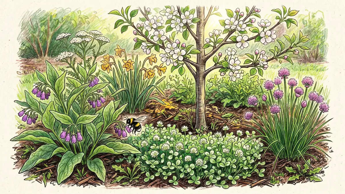 Pencil-crayon illustration of an apple tree guild with comfrey, clover, chives, yarrow, daffodils, and a bumblebee pollinator