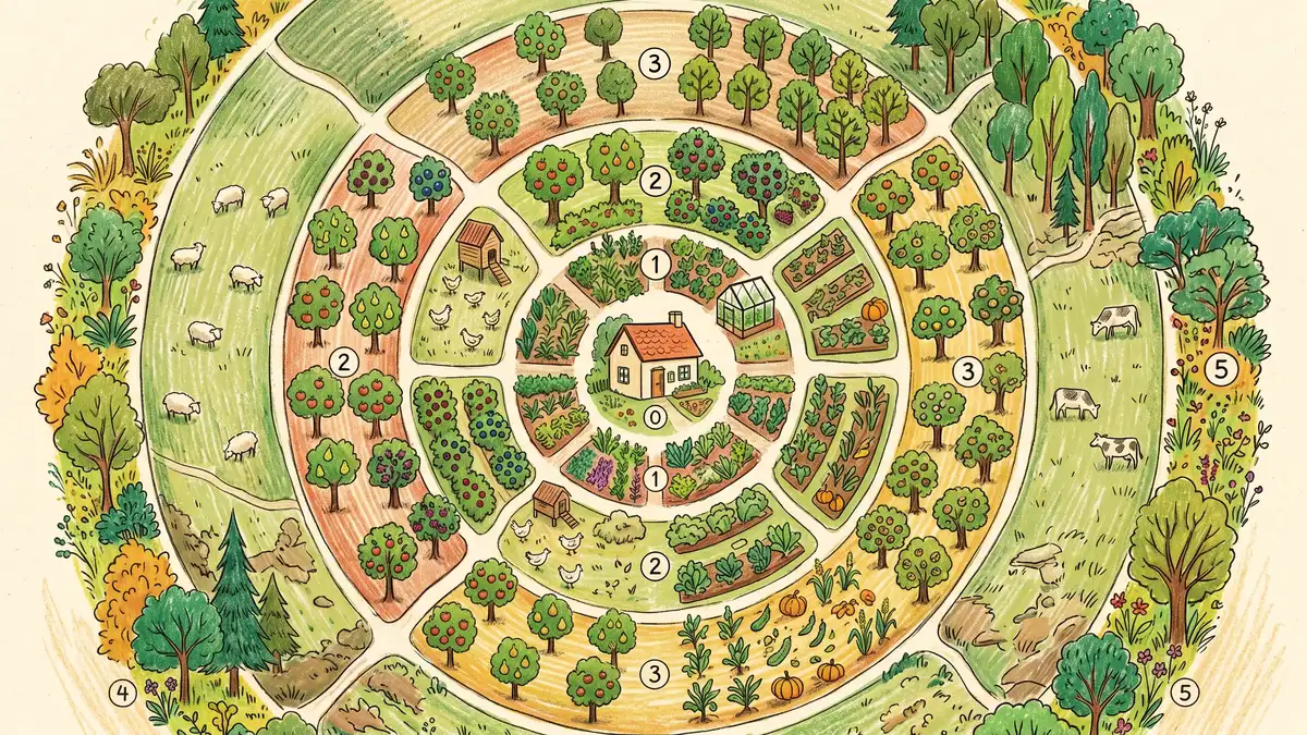 Pencil-crayon infographic of permaculture zones 0 to 5, showing concentric rings from home to herbs to fruit trees to main crops to woodland