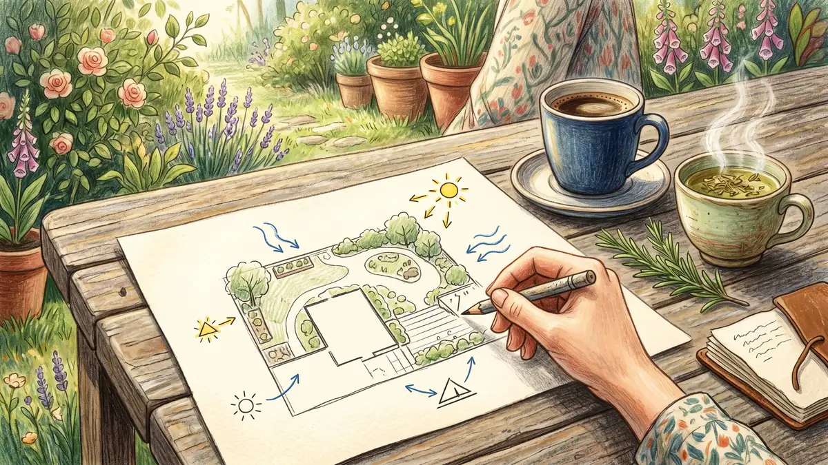 Hand sketching a backyard base map with sun and wind arrows over coffee on a wooden table, spring morning light