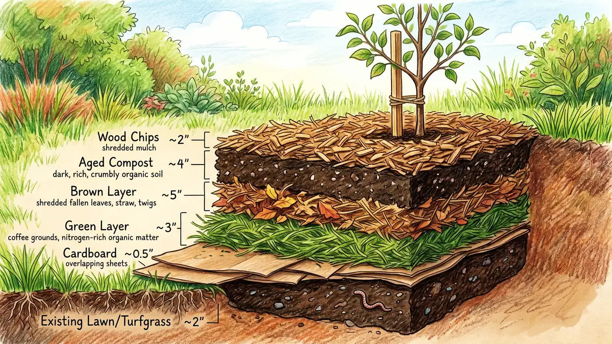 Pencil-crayon cross-section of sheet mulching layers over turfgrass: cardboard, green layer, brown layer, compost, wood chips, with a young fruit tree planted on top