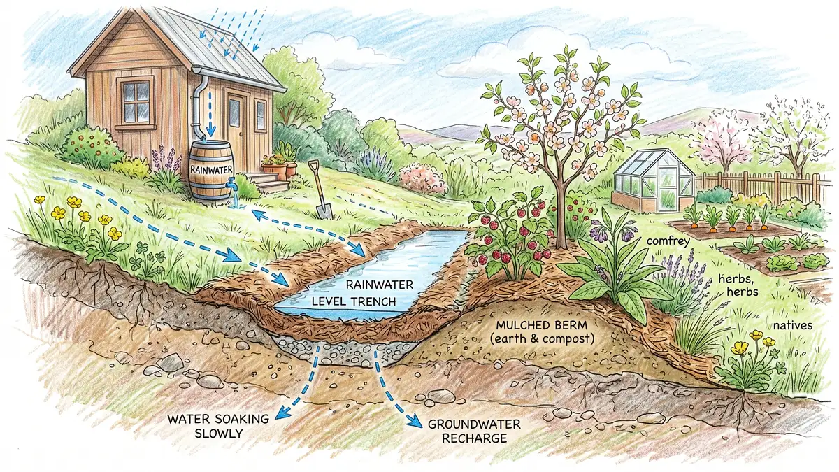 Pencil-crayon cross-section of a swale on a slope showing rainwater flowing into a level trench and soaking into a mulched berm planted with fruit trees