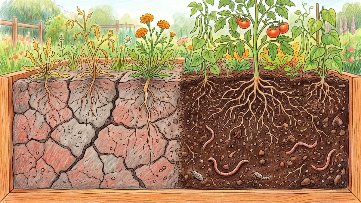 Cross-section of clay soil showing dense particles, restricted root growth, and water infiltration patterns in pencil-crayon style