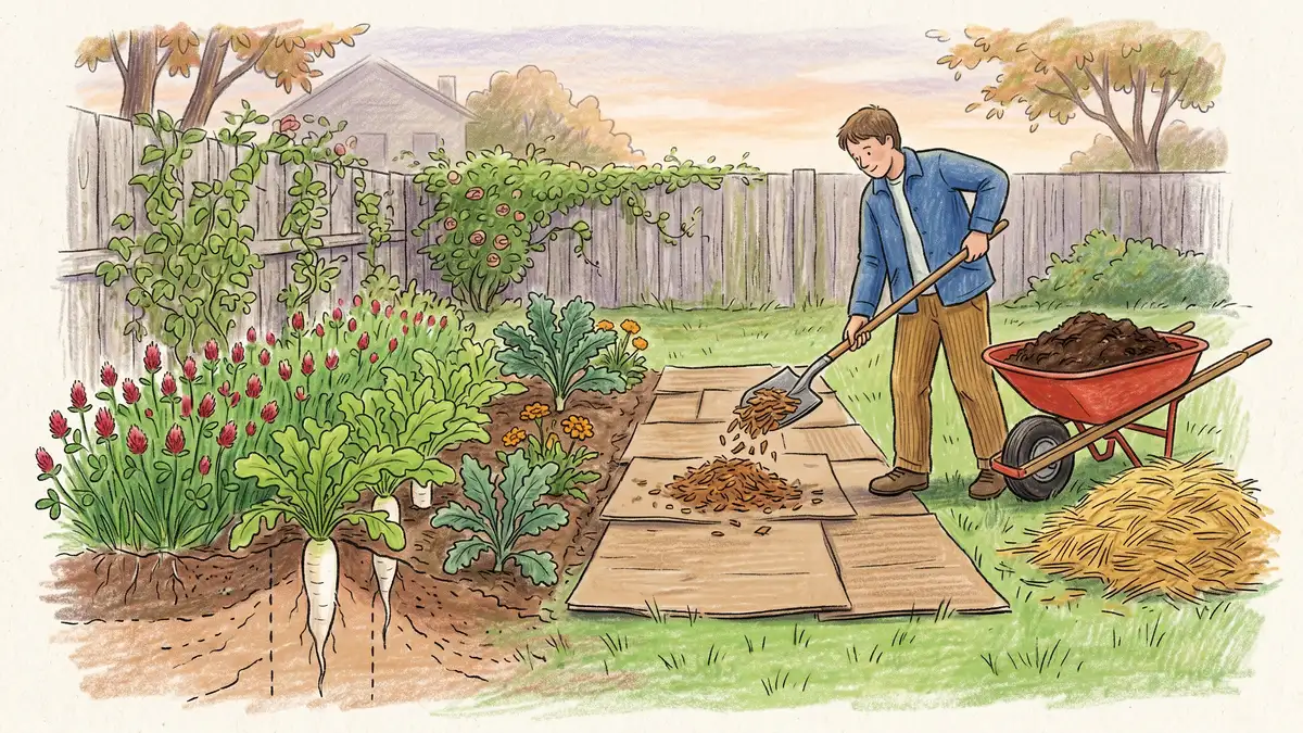 Layered sheet mulch garden bed over clay soil with cardboard, compost, and wood chip mulch in a homestead setting