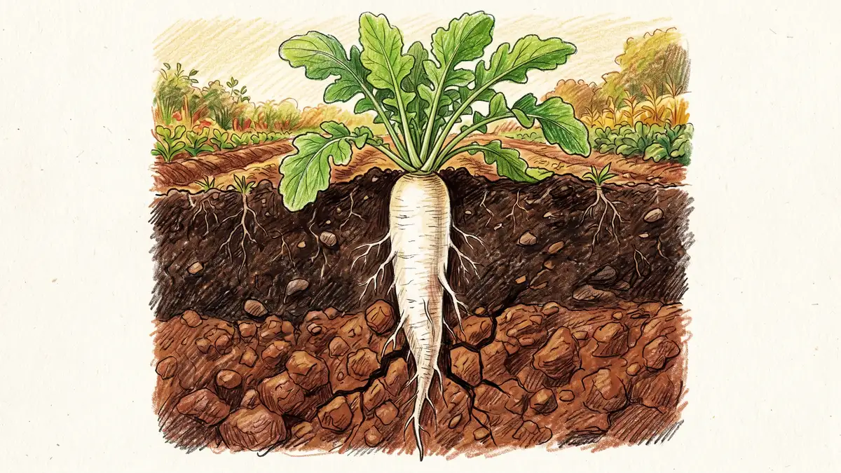 Daikon radish taproot pulled from clay soil showing 14-inch deep root and the channel left in the ground