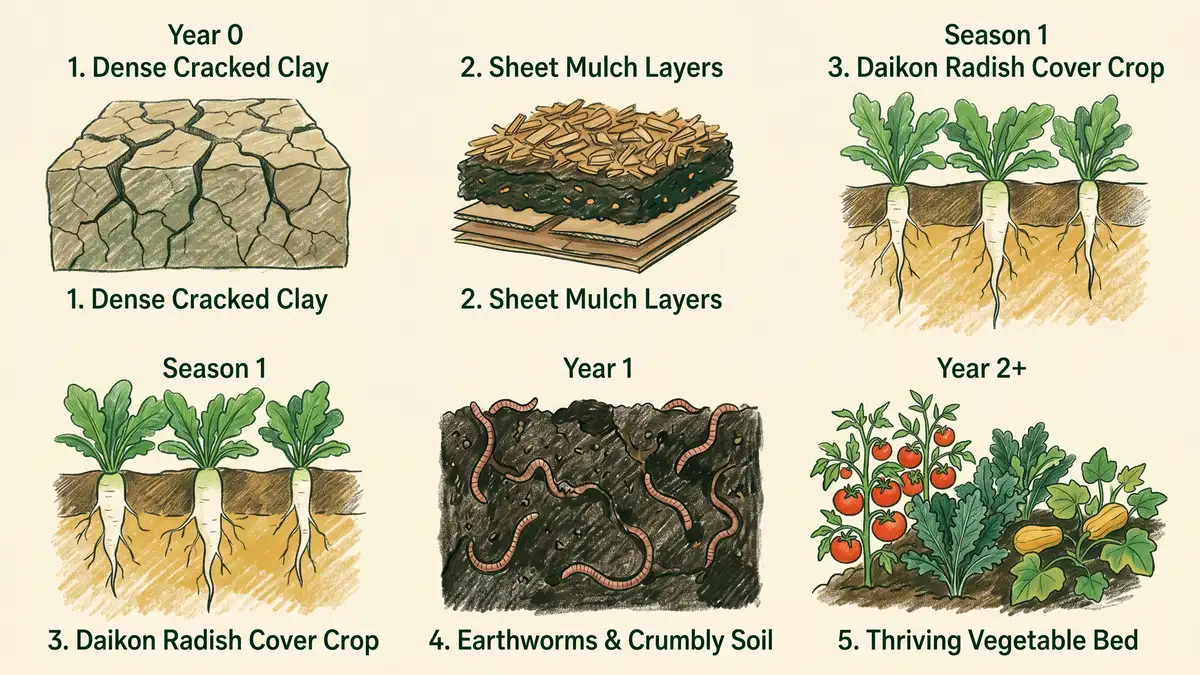 Pencil-crayon infographic timeline showing clay soil transformation from heavy compacted to crumb structure across 12, 24, and 36 months