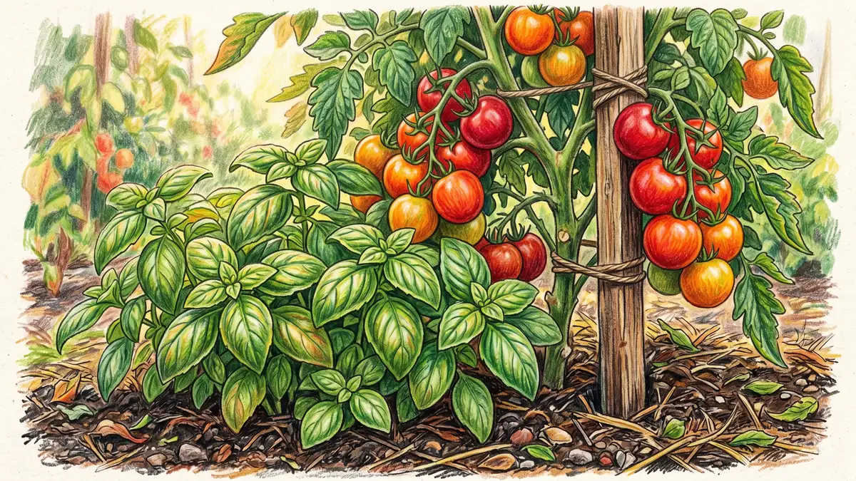 Healthy tomato plants growing alongside bushy basil in a sunny raised bed, showing the classic companion planting pairing