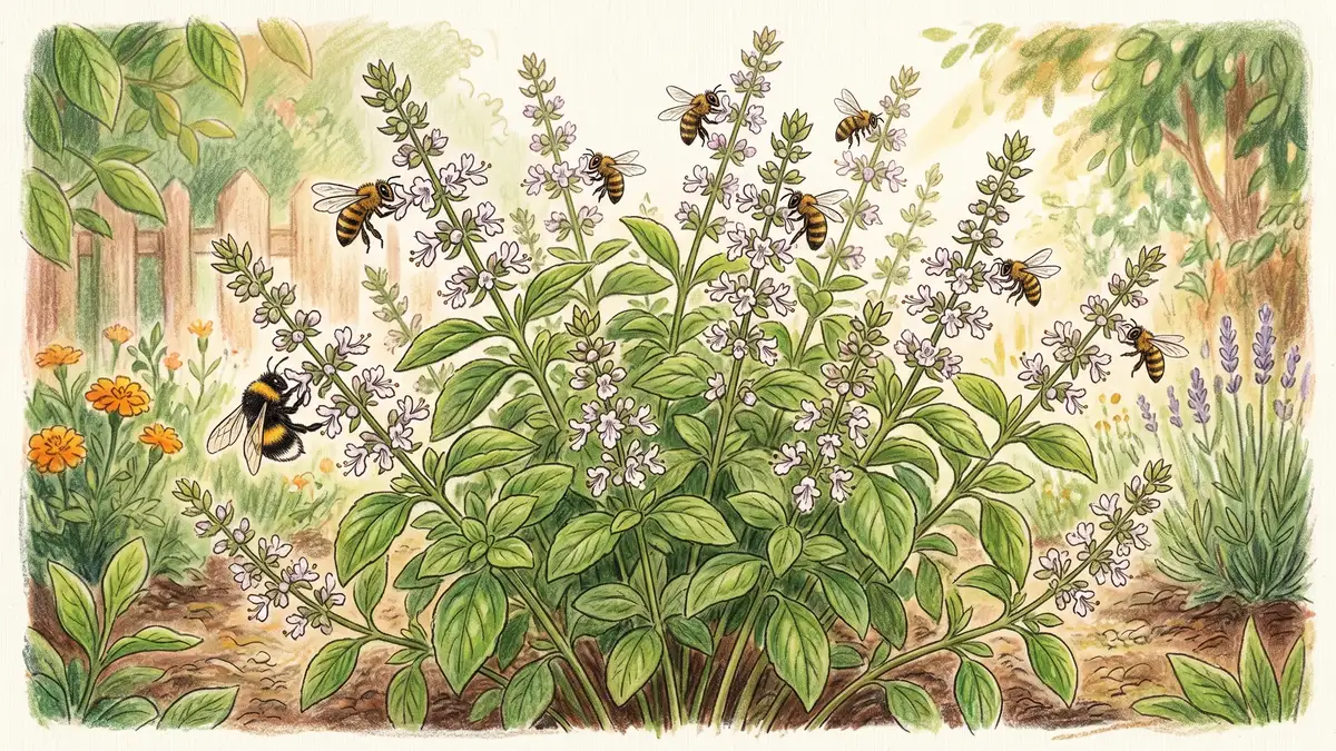 Basil plant in full flower with honey bees and bumblebees visiting the spikes, showing basil's value as a pollinator magnet in the vegetable garden