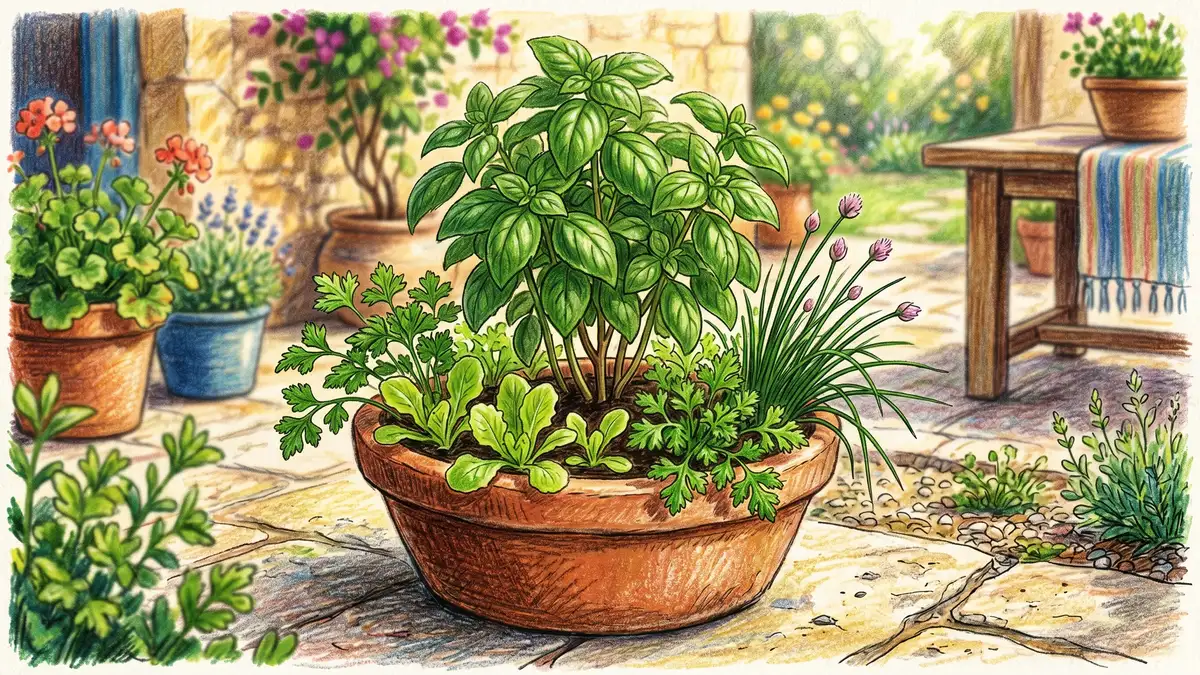 Terracotta pot on a balcony with basil, parsley, and chives growing together in a small-space companion planting arrangement
