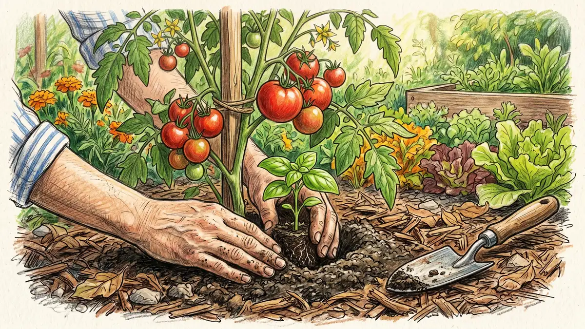 Gardener's hands transplanting a young basil seedling into warm soil, showing the correct planting depth just above the crown