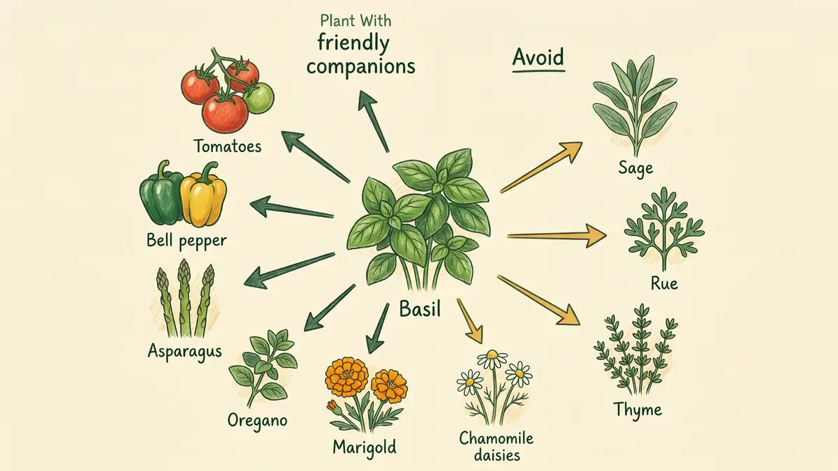 Pencil-crayon infographic chart showing basil's best companions including tomatoes, peppers, eggplant, and oregano in green circles, and bad neighbors rue, sage, and fennel in warning colors