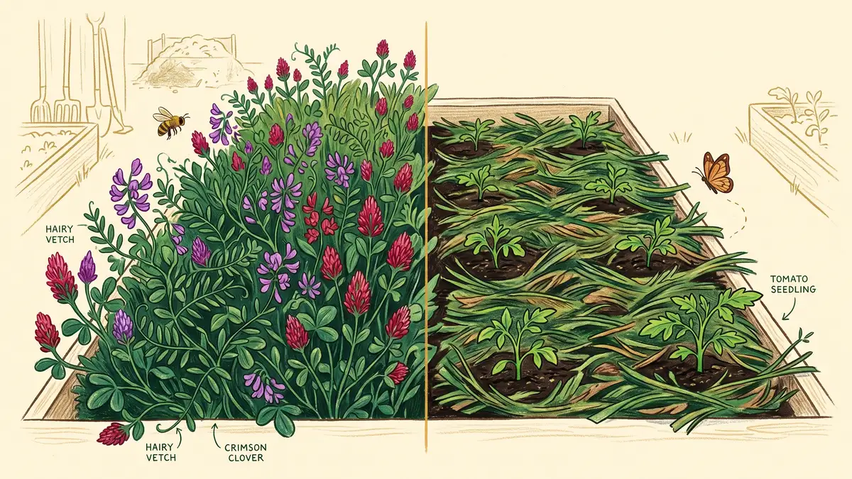 Illustration showing hairy vetch and crimson clover cover crop before and after chop-and-drop termination, with tomato seedlings