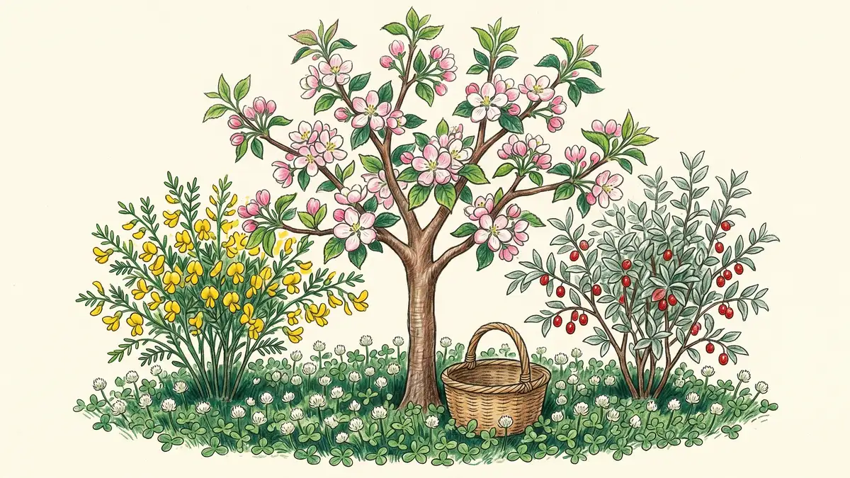 Illustration of a permaculture food forest guild with apple tree, Siberian pea shrub, goumi, and Dutch clover ground cover