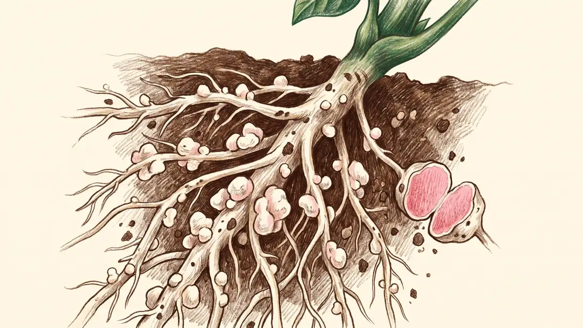 Close-up illustration of bean plant roots showing pink nitrogen fixing nodules active with leghemoglobin