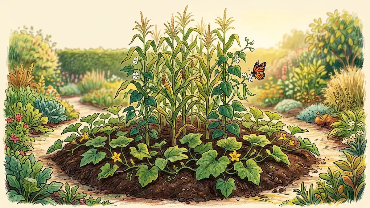 Illustration of a traditional Three Sisters guild with corn, climbing beans, and squash growing together