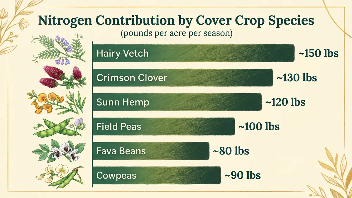 Infographic comparing nitrogen contribution in pounds per acre across six cover crop species including hairy vetch, crimson clover, and sunn hemp