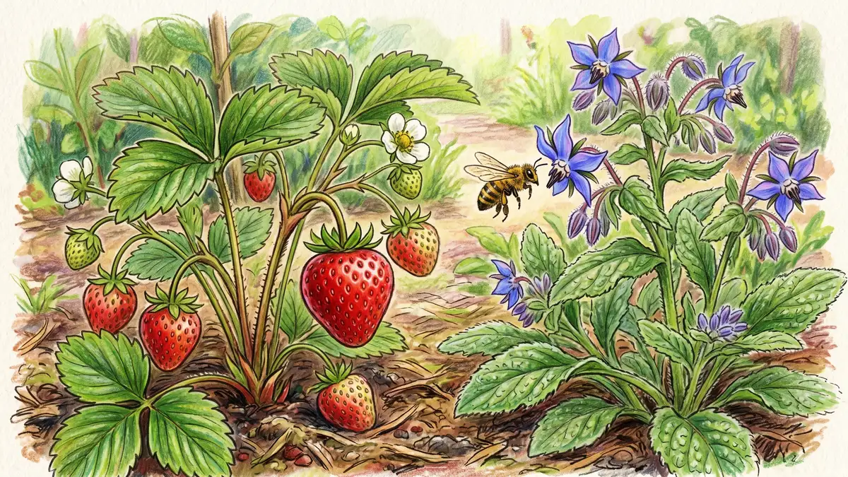 Strawberry plant with ripe red fruit next to a flowering borage plant being visited by a honeybee, illustrating a classic strawberry companion pairing