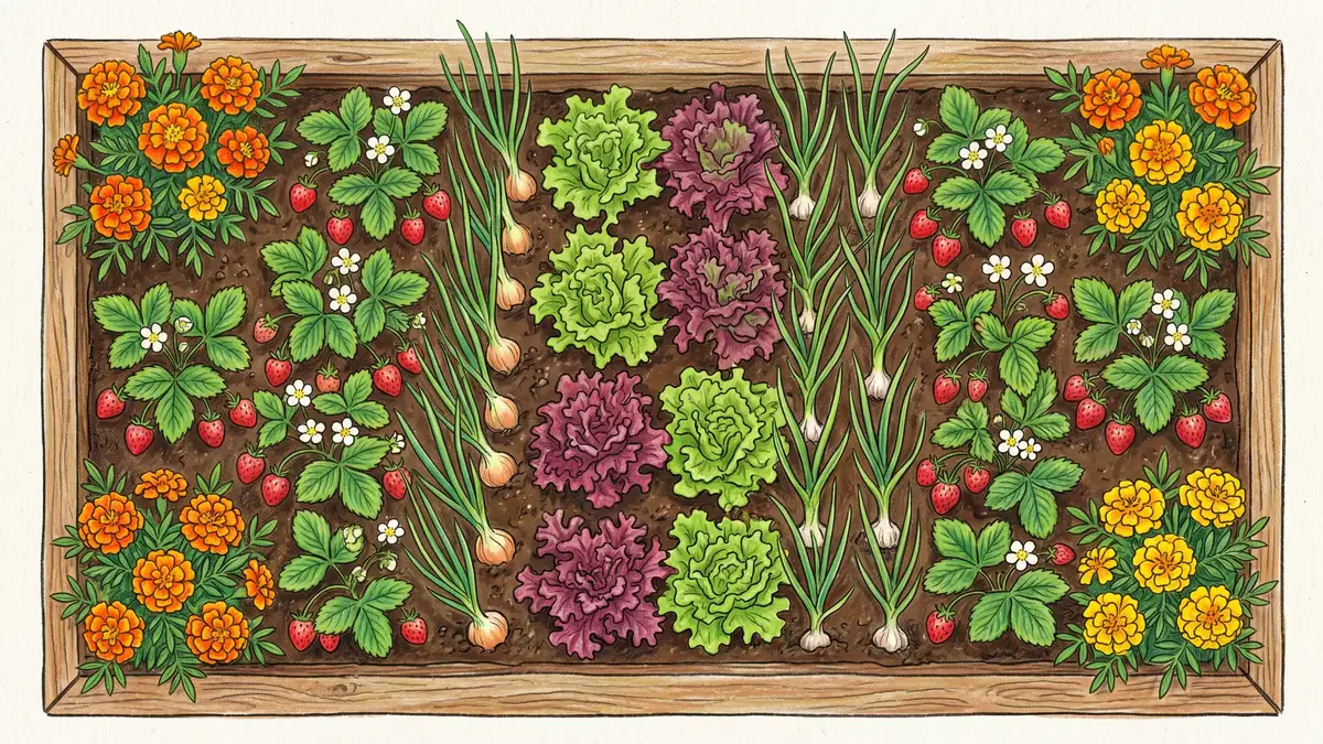 Top-down view of a raised garden bed with strawberries interplanted with garlic, onions, lettuce, and marigolds in a productive permaculture polyculture layout
