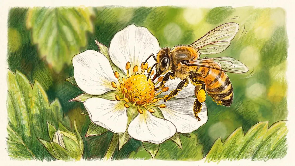 Close-up of a white strawberry flower with a honeybee landing on its yellow centre, showing the pollination moment that determines berry size