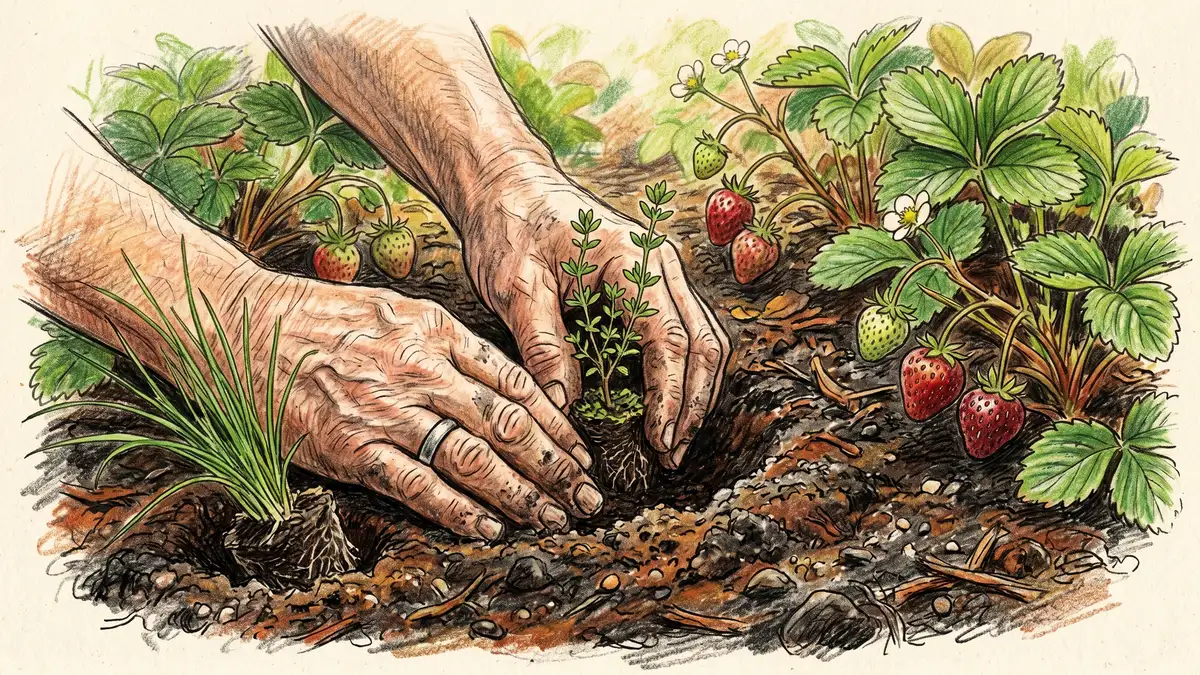 Gardener's hands planting small thyme and chive seedlings into rich dark soil next to established strawberry plants