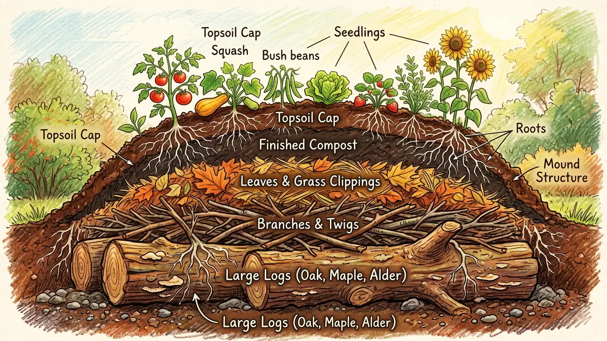 Cross-section illustration of a hugelkultur bed showing buried logs at the base, layers of leaves and compost, and topsoil with growing vegetables