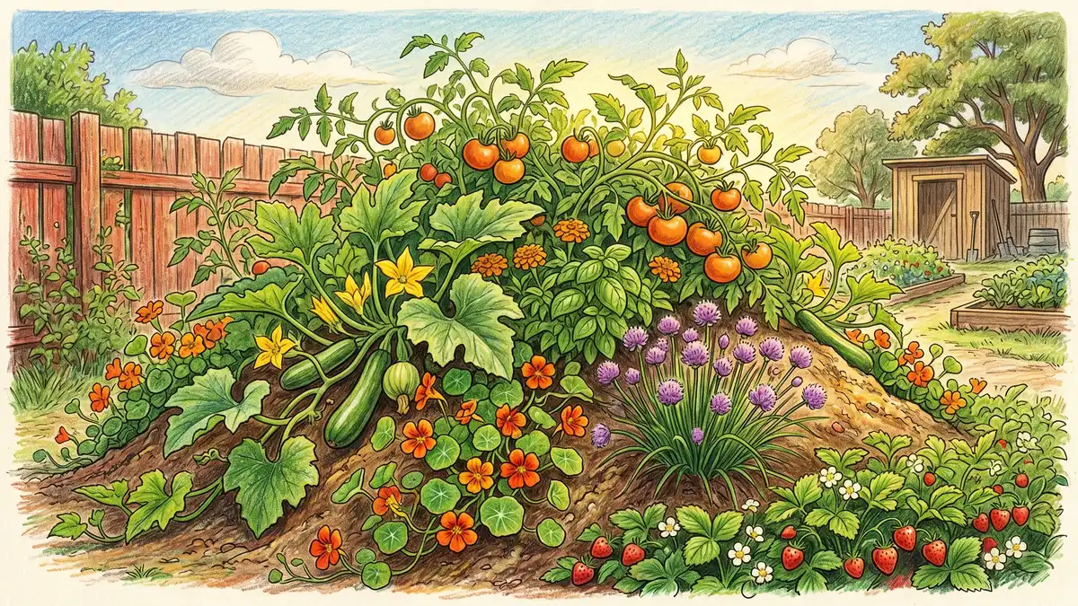 A mature hugelkultur bed in its fourth year with squash, tomatoes, and herbs growing vigorously over the settled mound