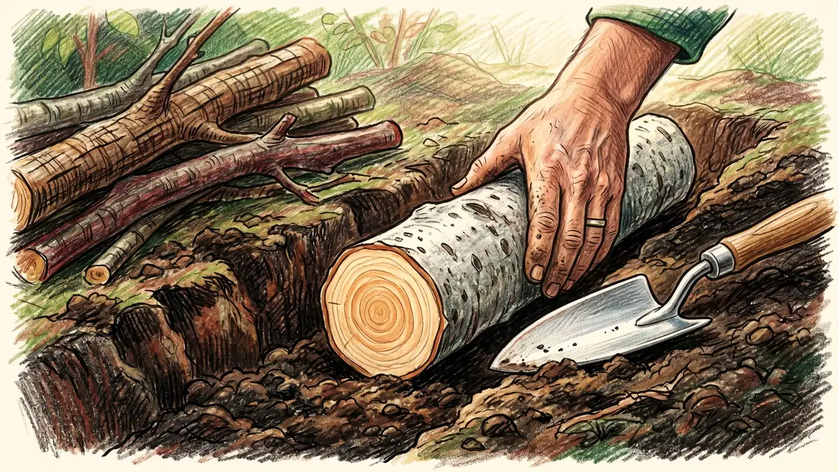 Illustration of various hugelkultur wood options including oak logs, maple branches, and apple prunings arranged beside a garden bed