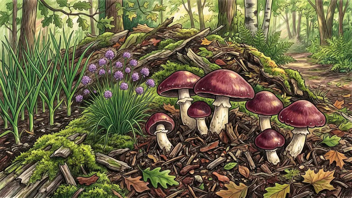 Illustration of wine cap mushrooms fruiting on a mature hugelkultur mound covered in wood chip mulch with garlic and chives growing nearby