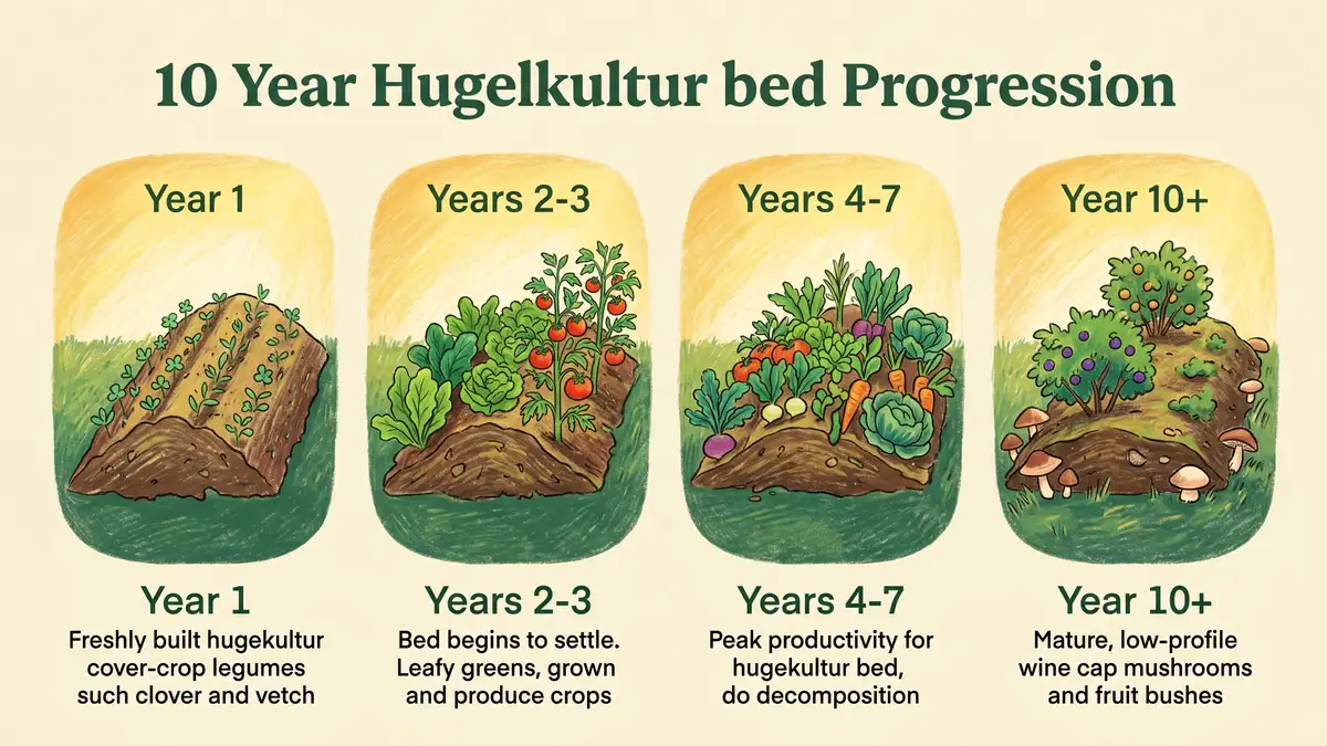 Infographic showing hugelkultur productivity timeline across years 1, 2-3, 4-7, and 8+ with yield, moisture, and nutrient trajectories