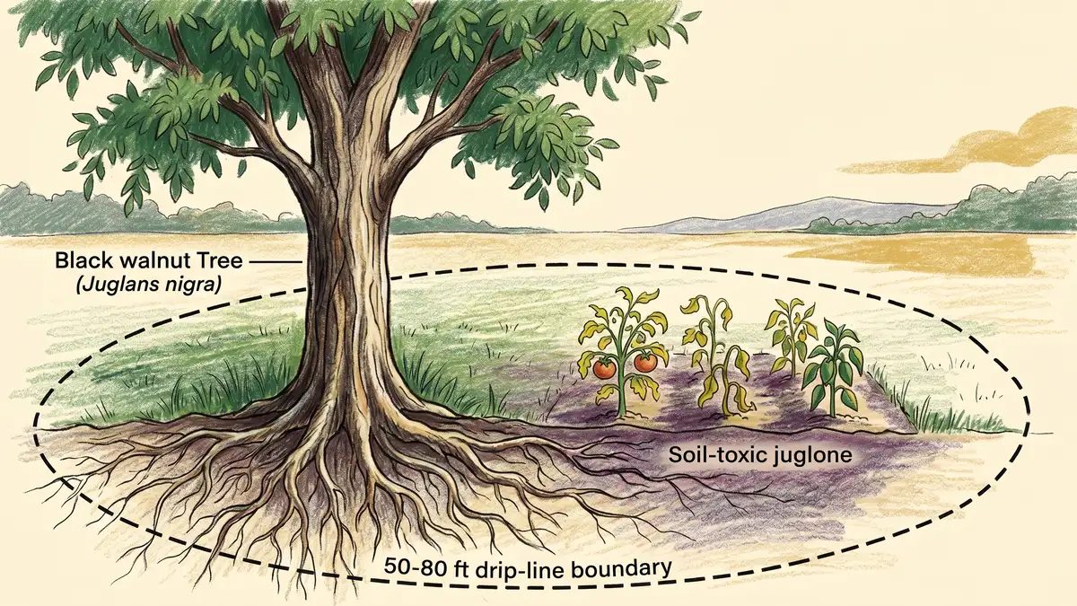 Pencil-crayon illustration of a black walnut tree with its juglone-affected toxic root zone extending outward, showing which vegetables survive and which do not