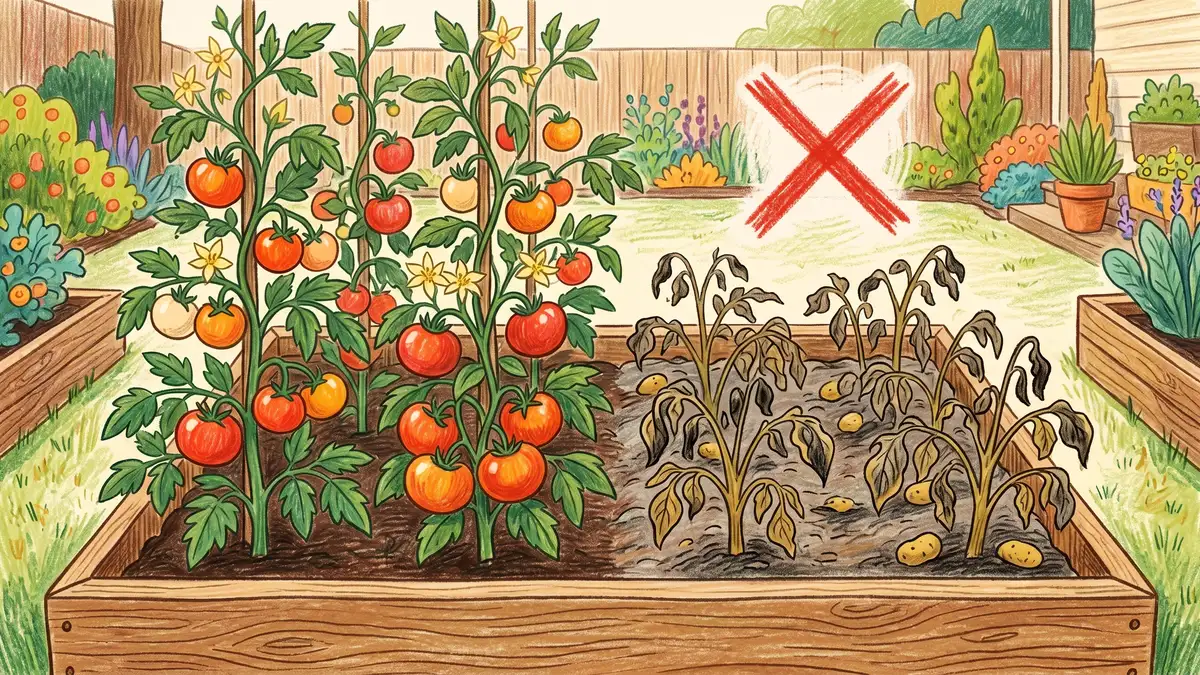 Pencil-crayon illustration of tomato and potato plants in a raised bed, with potato leaves showing signs of late blight infection