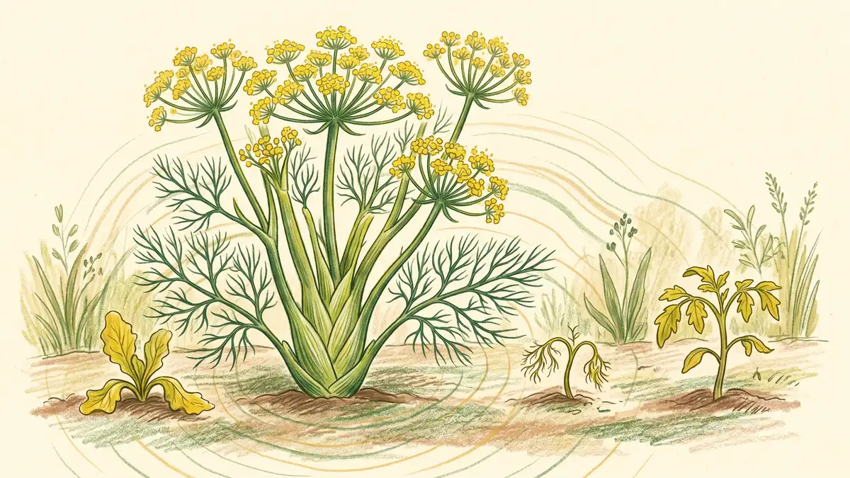 Pencil-crayon close-up of a fennel plant releasing allelopathic compounds into the soil near a suppressed seedling