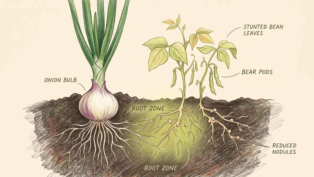 Pencil-crayon illustration of an onion plant and a struggling bush bean growing side by side, with suppressed root nodules visible