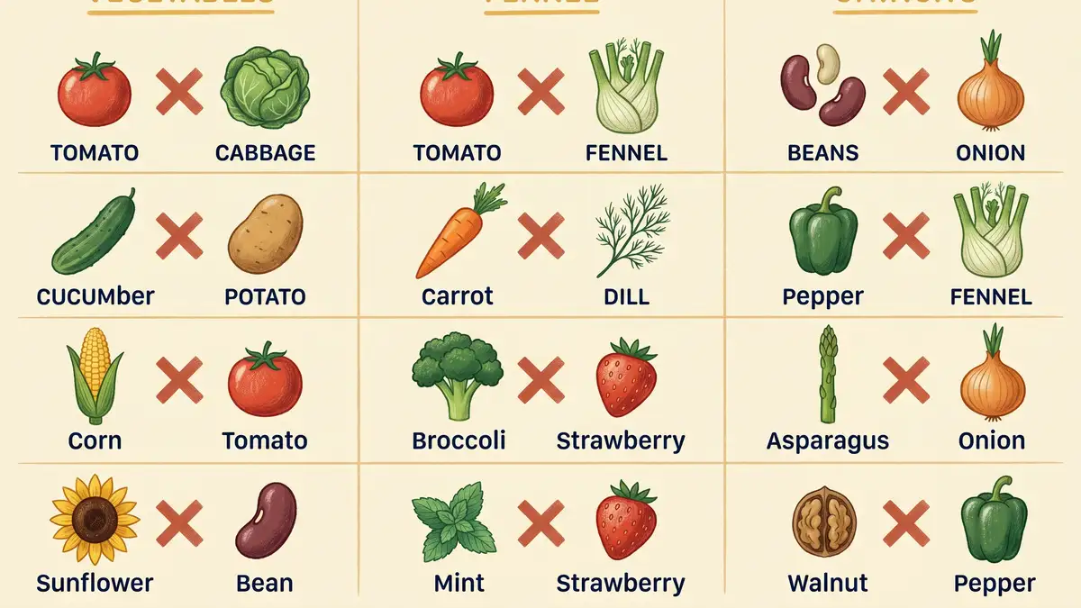 Pencil-crayon infographic summarising the 12 companion planting mistakes with icons for each pairing, grouped by failure mechanism