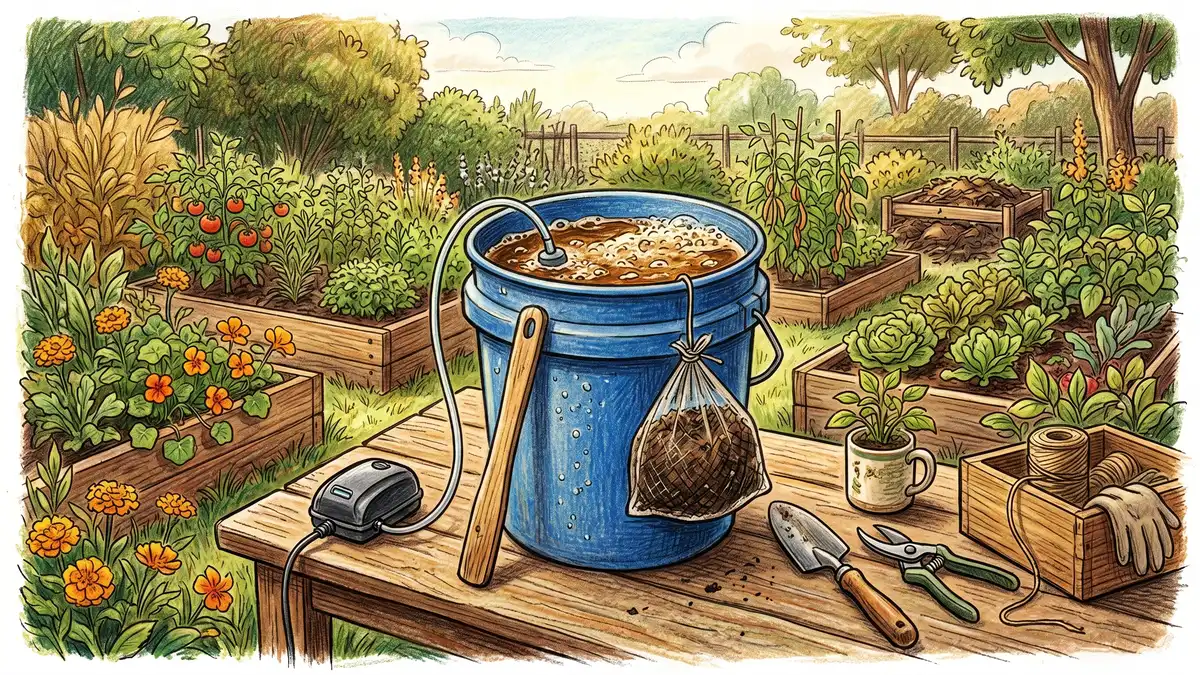 Pencil-crayon illustration of compost tea brewing in a 5-gallon bucket with aeration stone bubbling and finished compost in mesh bag — homemade fertilizer recipe