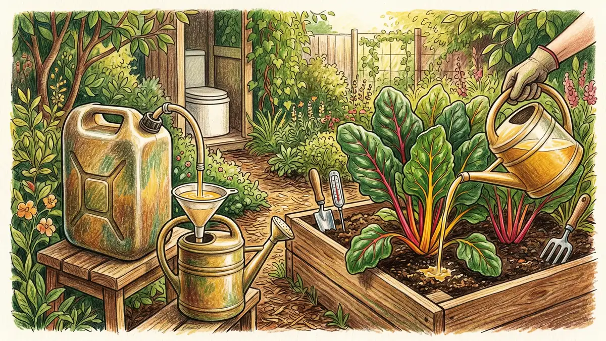 Pencil-crayon illustration of diluted homemade liquid fertilizer being poured from watering can onto vegetable garden bed at base of plants