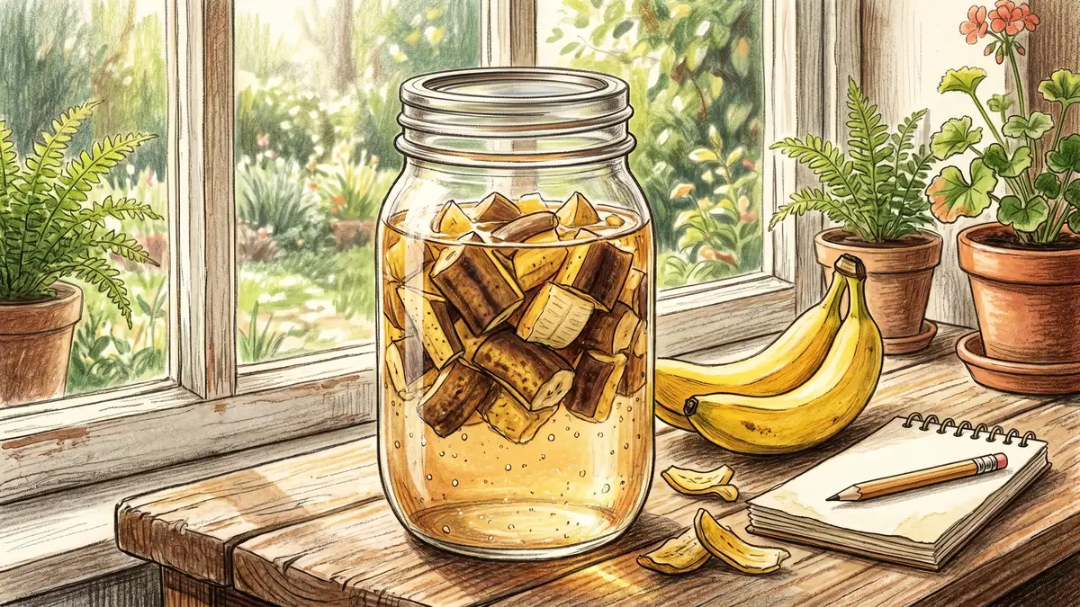 Pencil-crayon close-up of mason jar with chopped banana peels soaking in water on sunny windowsill — homemade banana peel fertilizer myth