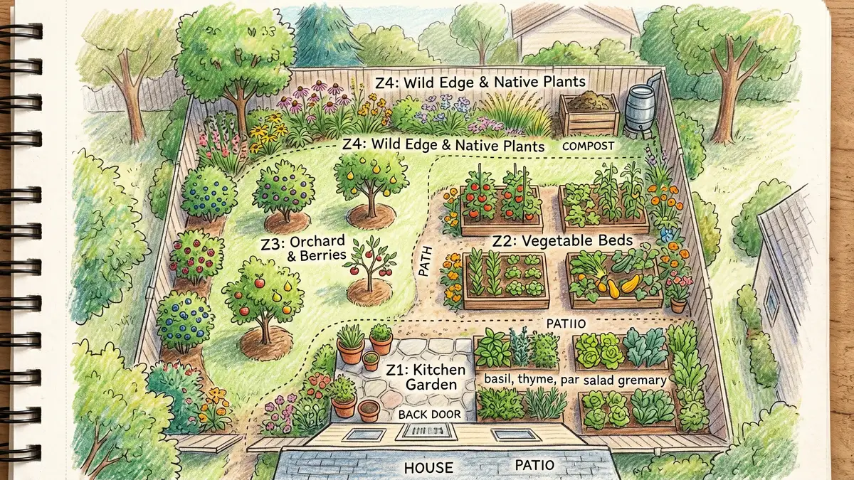Hand-illustrated permaculture zones diagram showing house at center surrounded by herb spiral, vegetable beds, fruit trees, and wild edge in pencil-crayon style