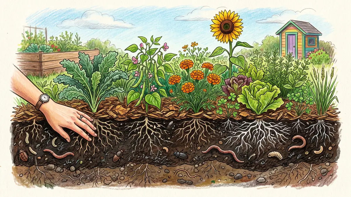 Hand-drawn cross-section of a regenerative garden bed showing soil layers with mulch, compost, roots, mycelium and earthworms beneath polyculture vegetables