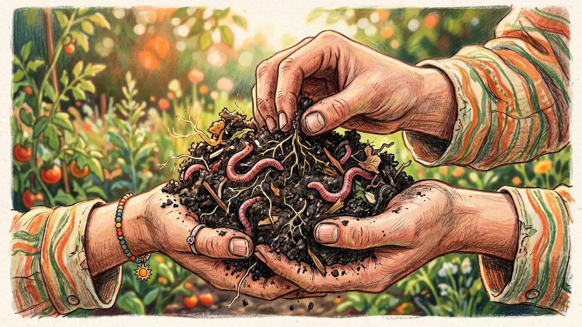 Close-up of Gen Z gardener's hands holding dark crumbly soil with earthworms and roots in pencil-crayon illustration